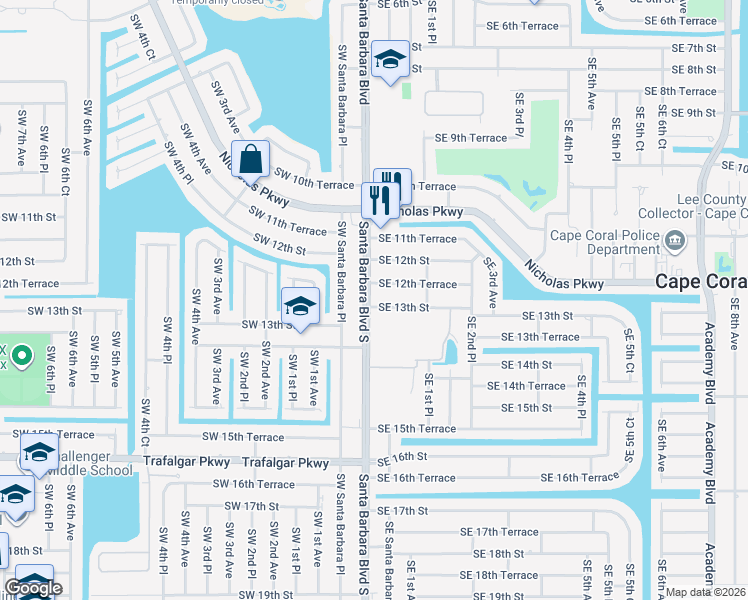 map of restaurants, bars, coffee shops, grocery stores, and more near 110 Southeast 12th Terrace in Cape Coral