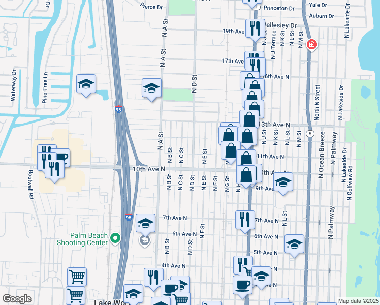 map of restaurants, bars, coffee shops, grocery stores, and more near 1114 North C Street in Lake Worth