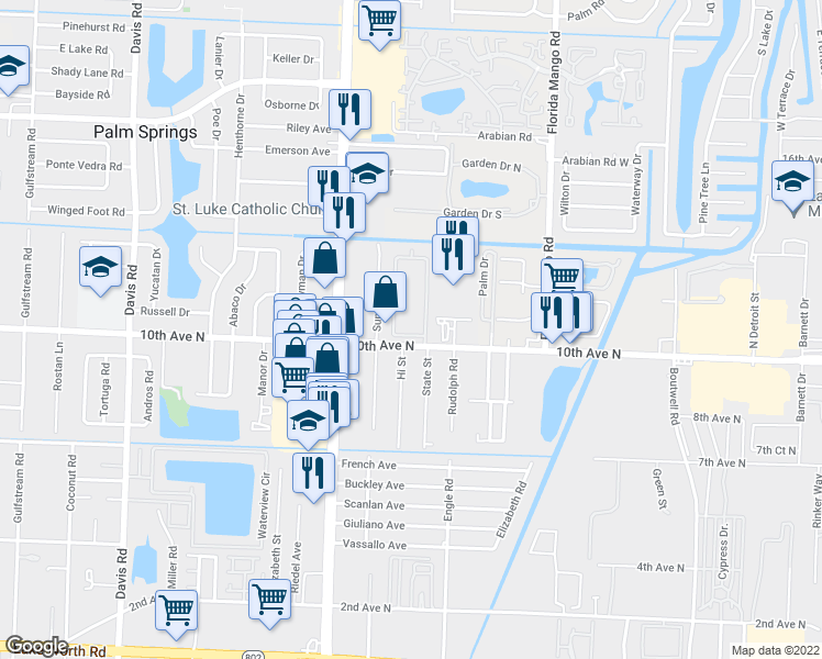 map of restaurants, bars, coffee shops, grocery stores, and more near 2889 10th Avenue North in Lake Worth
