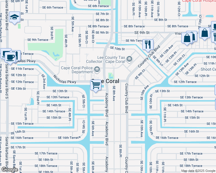 map of restaurants, bars, coffee shops, grocery stores, and more near in Cape Coral
