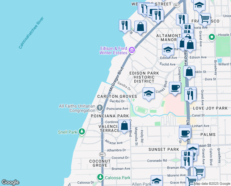 map of restaurants, bars, coffee shops, grocery stores, and more near 1420 Manuels Drive in Fort Myers