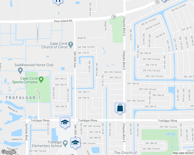 map of restaurants, bars, coffee shops, grocery stores, and more near 1225 Southwest 18th Avenue in Cape Coral