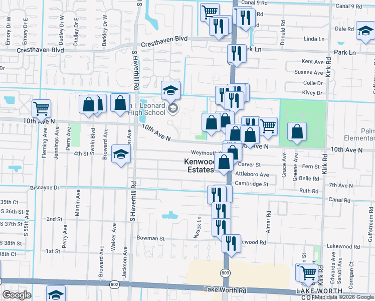 map of restaurants, bars, coffee shops, grocery stores, and more near 4717 Weymouth Street in Lake Worth