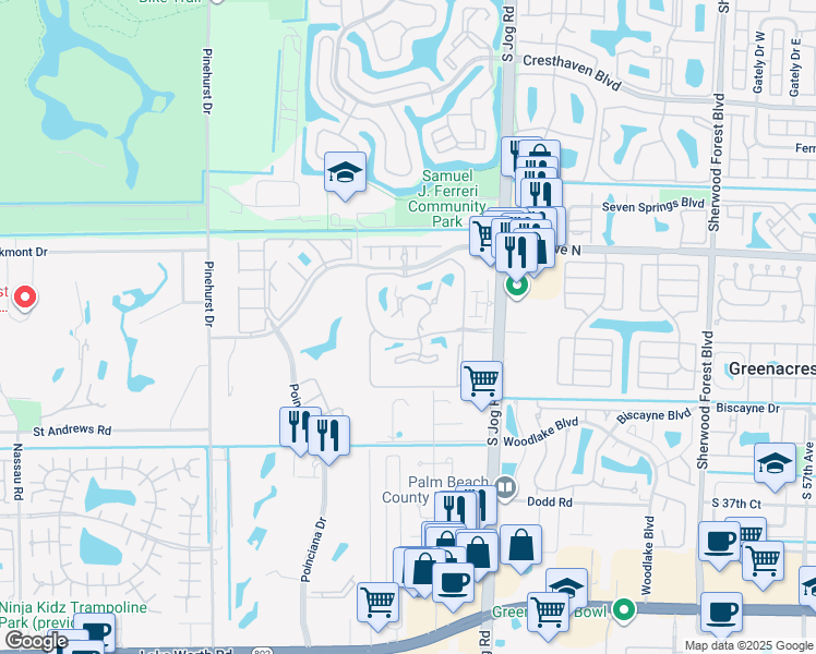 map of restaurants, bars, coffee shops, grocery stores, and more near 3200 Jog Road in West Palm Beach