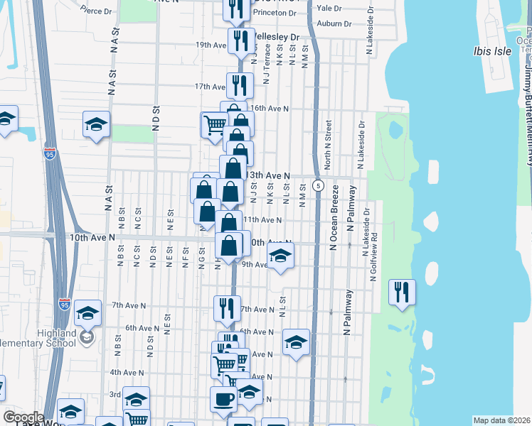 map of restaurants, bars, coffee shops, grocery stores, and more near 1121 North K Street in Lake Worth