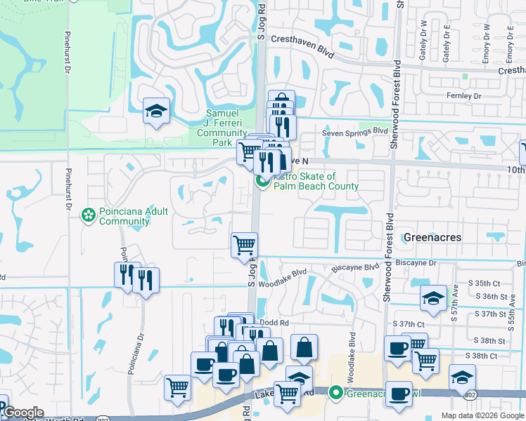 map of restaurants, bars, coffee shops, grocery stores, and more near in Greenacres