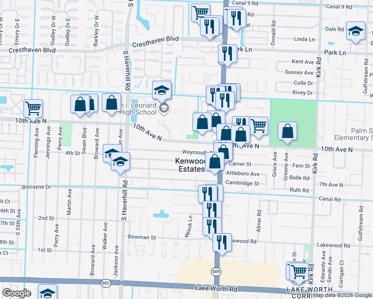 map of restaurants, bars, coffee shops, grocery stores, and more near 4718 10th Avenue North in Greenacres