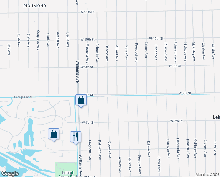 map of restaurants, bars, coffee shops, grocery stores, and more near 806 Desoto Avenue in Lehigh Acres