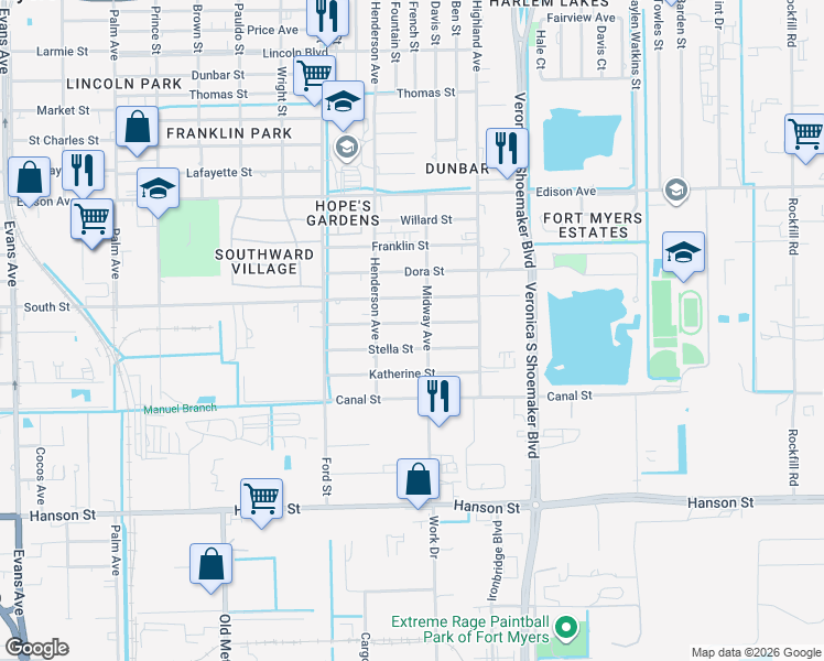 map of restaurants, bars, coffee shops, grocery stores, and more near 3336 Jeffcott Street in Fort Myers