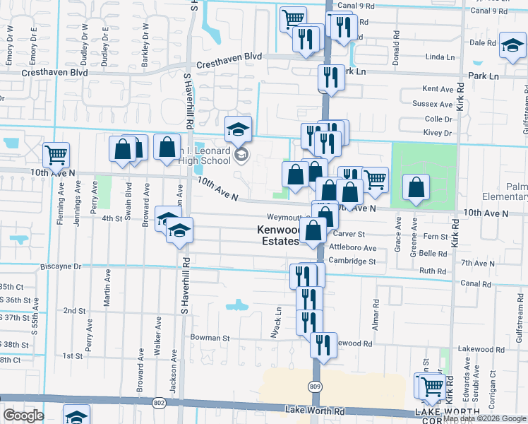 map of restaurants, bars, coffee shops, grocery stores, and more near 4715 Weymouth Street in Lake Worth