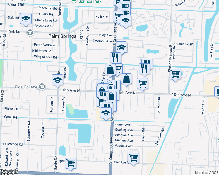 map of restaurants, bars, coffee shops, grocery stores, and more near 3175 South Congress Avenue in Palm Springs