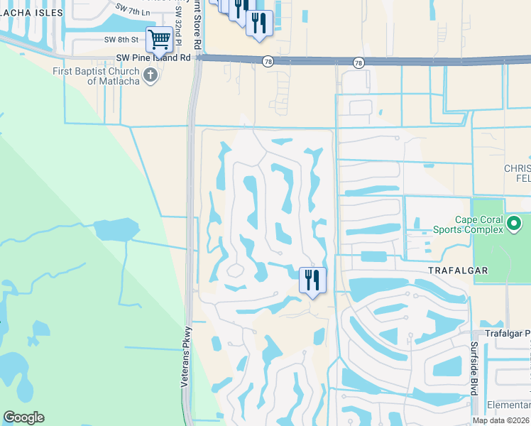 map of restaurants, bars, coffee shops, grocery stores, and more near 11939 Prince Charles Court in Cape Coral