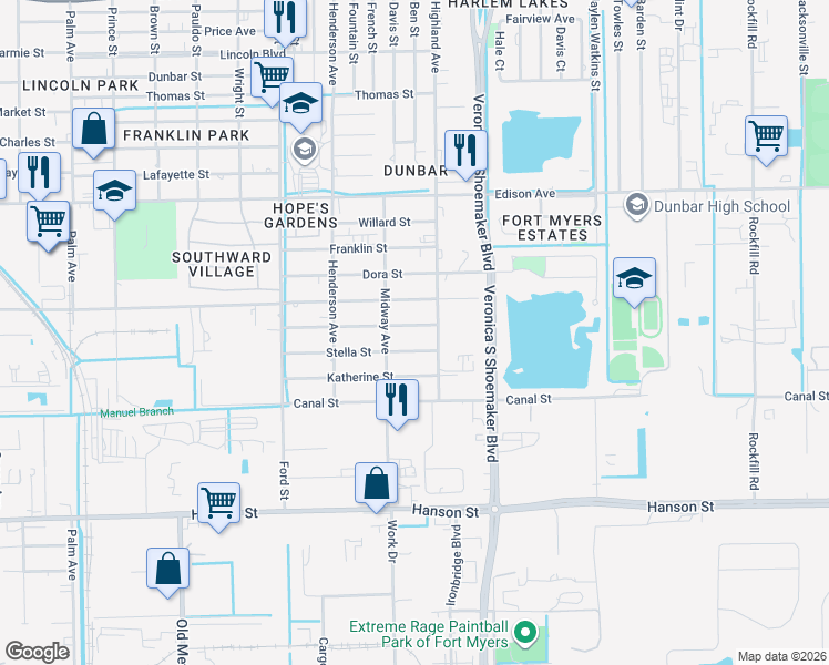 map of restaurants, bars, coffee shops, grocery stores, and more near 3429 Jeffcott Street in Fort Myers
