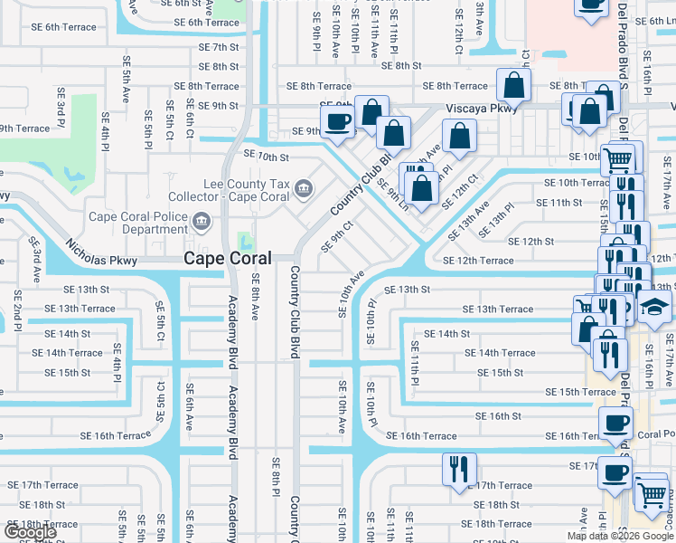 map of restaurants, bars, coffee shops, grocery stores, and more near 1035 Southeast 12th Street in Cape Coral