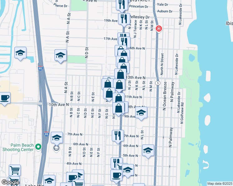 map of restaurants, bars, coffee shops, grocery stores, and more near 1117 North H Street in Lake Worth