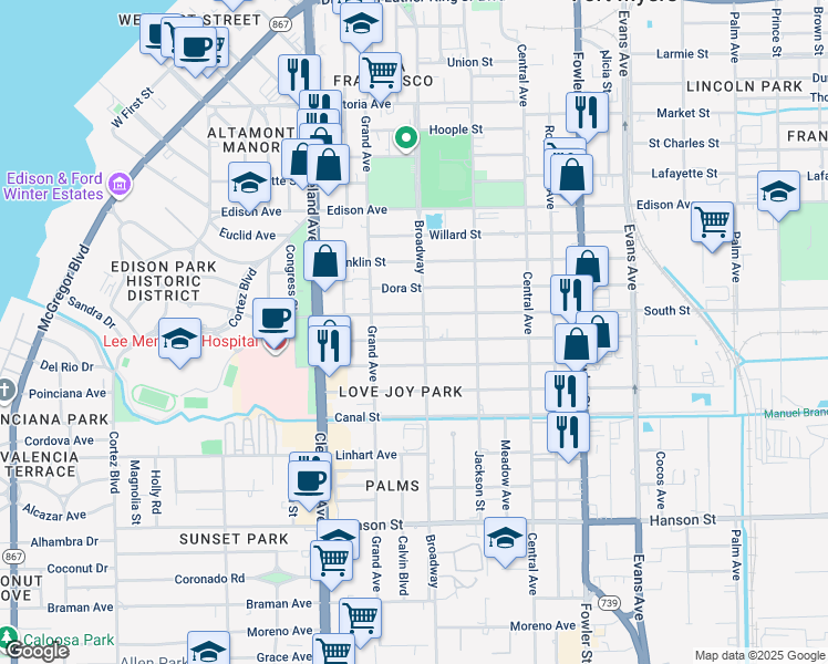 map of restaurants, bars, coffee shops, grocery stores, and more near 2170 South Street in Fort Myers