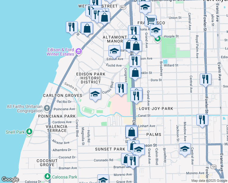 map of restaurants, bars, coffee shops, grocery stores, and more near 1876 Llewellyn Drive in Fort Myers