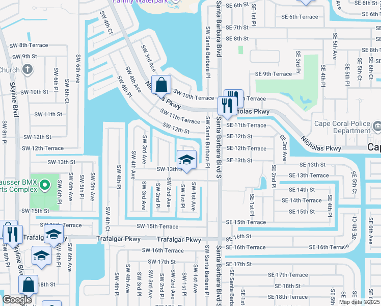 map of restaurants, bars, coffee shops, grocery stores, and more near 1204 Southwest 1st Avenue in Cape Coral