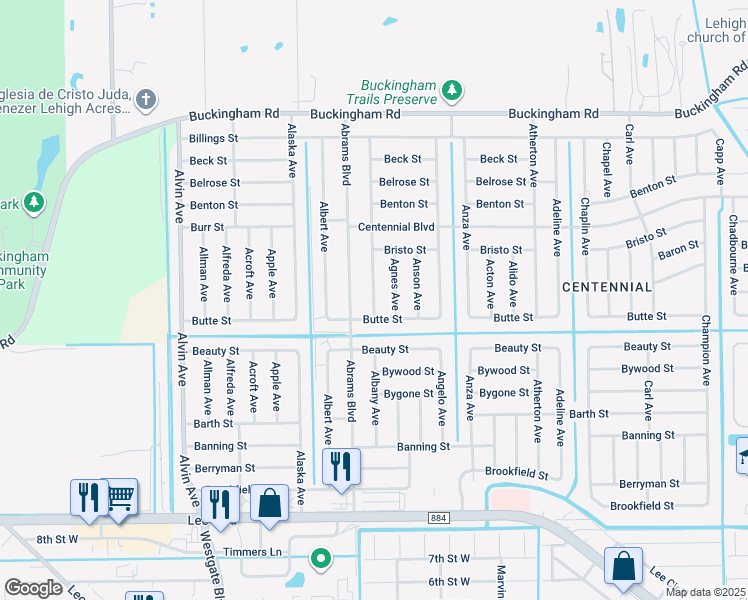 map of restaurants, bars, coffee shops, grocery stores, and more near 1013 Albany Avenue in Lehigh Acres