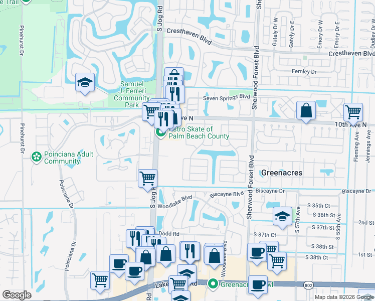 map of restaurants, bars, coffee shops, grocery stores, and more near 3201 Silver Buttonwood Drive in Greenacres