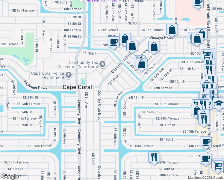 map of restaurants, bars, coffee shops, grocery stores, and more near 1009 Southeast 12th Terrace in Cape Coral