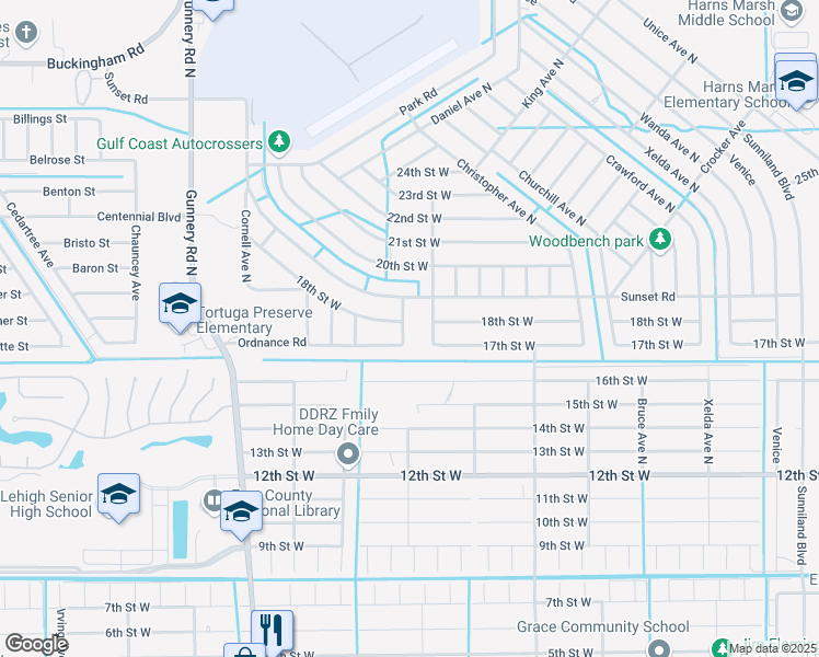 map of restaurants, bars, coffee shops, grocery stores, and more near 1704 Dewitt Avenue North in Lehigh Acres
