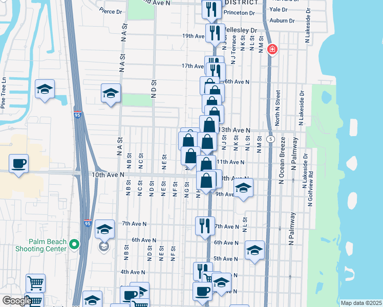 map of restaurants, bars, coffee shops, grocery stores, and more near 1117 North H Street in Lake Worth