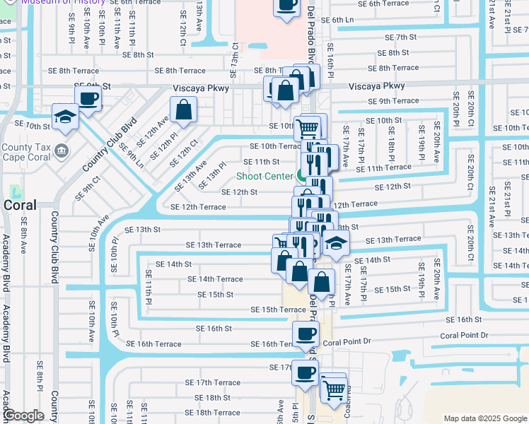 map of restaurants, bars, coffee shops, grocery stores, and more near 1426 Southeast 12th Terrace in Cape Coral