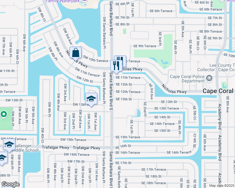 map of restaurants, bars, coffee shops, grocery stores, and more near 110 Southeast 12th Terrace in Cape Coral