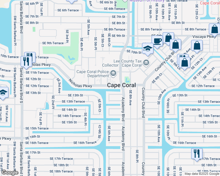 map of restaurants, bars, coffee shops, grocery stores, and more near 606 Nicholas Parkway East in Cape Coral
