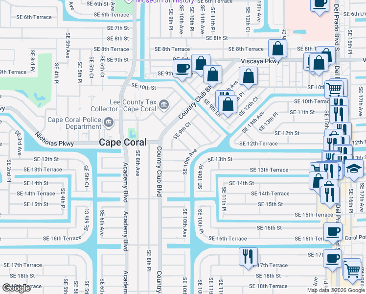 map of restaurants, bars, coffee shops, grocery stores, and more near 1035 Southeast 12th Street in Cape Coral