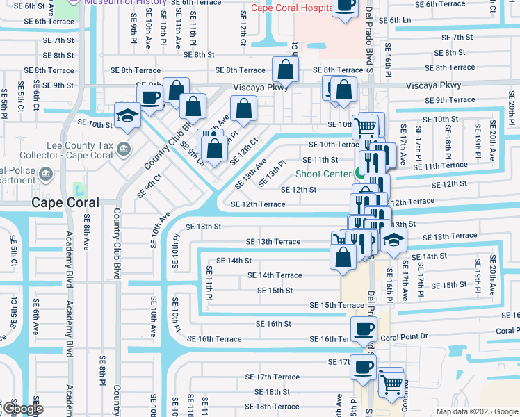 map of restaurants, bars, coffee shops, grocery stores, and more near 1306 Southeast 12th Terrace in Cape Coral