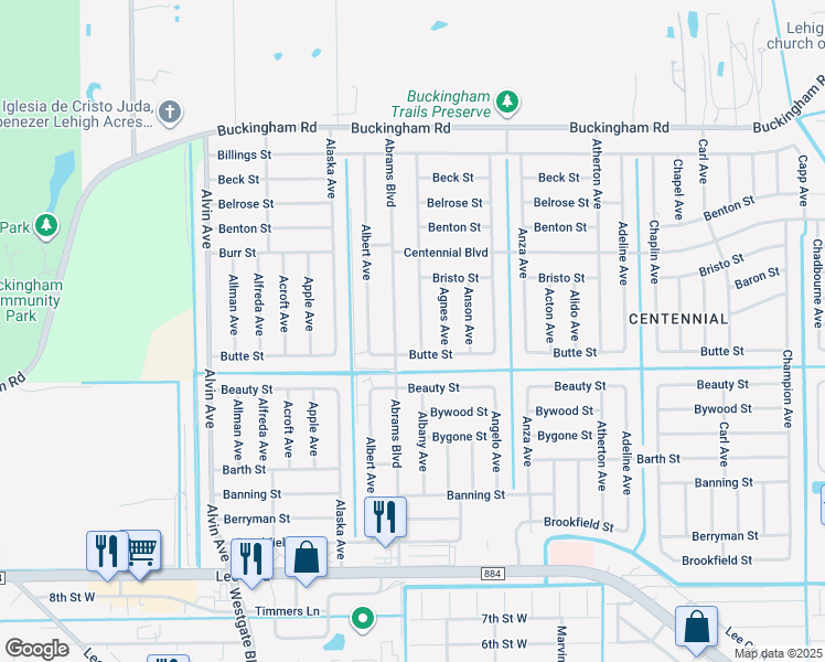 map of restaurants, bars, coffee shops, grocery stores, and more near 1013 Albany Avenue in Lehigh Acres