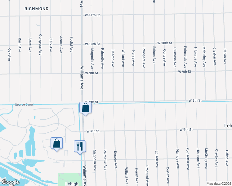 map of restaurants, bars, coffee shops, grocery stores, and more near 806 Desoto Avenue in Lehigh Acres