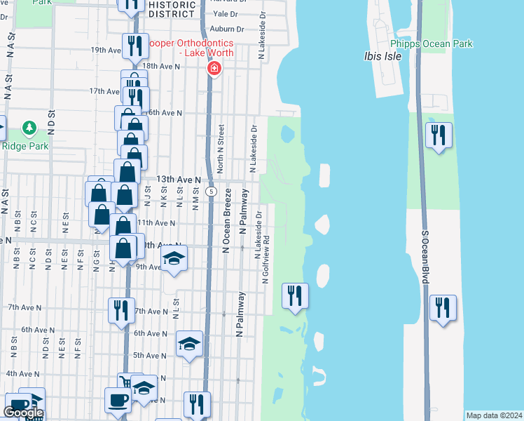 map of restaurants, bars, coffee shops, grocery stores, and more near 1126 North Lakeside Drive in Lake Worth