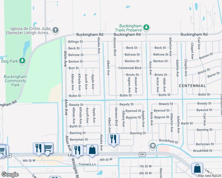 map of restaurants, bars, coffee shops, grocery stores, and more near 1014 Albert Avenue in Lehigh Acres