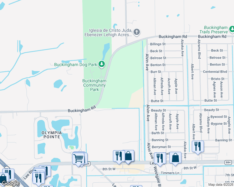 map of restaurants, bars, coffee shops, grocery stores, and more near 9711 Buckingham Road in Fort Myers