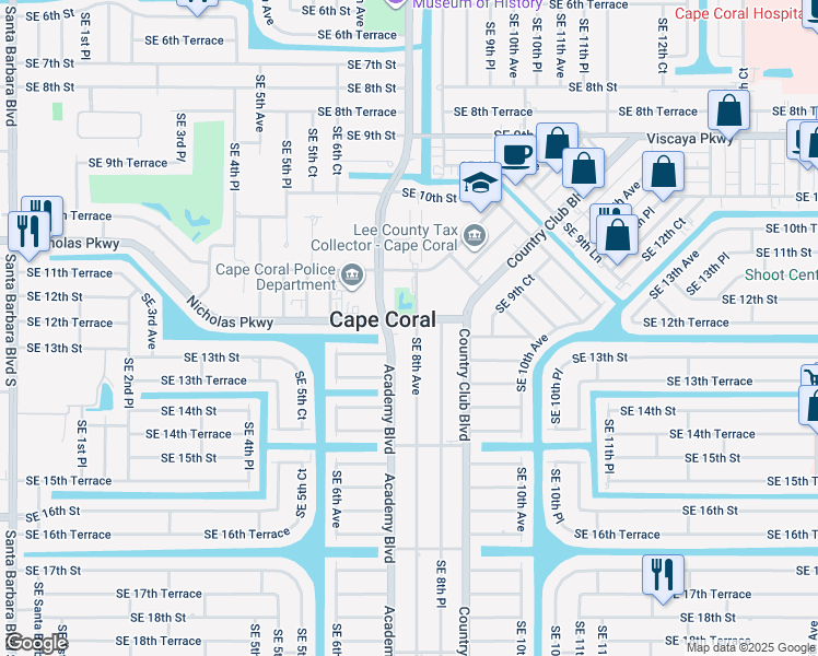 map of restaurants, bars, coffee shops, grocery stores, and more near 804 Nicholas Parkway East in Cape Coral