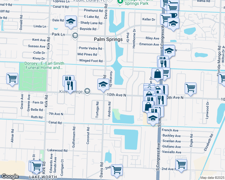 map of restaurants, bars, coffee shops, grocery stores, and more near 225 Russell Drive in Palm Springs