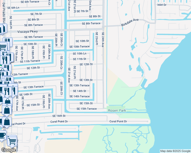 map of restaurants, bars, coffee shops, grocery stores, and more near 1232 Southeast 23rd Place in Cape Coral