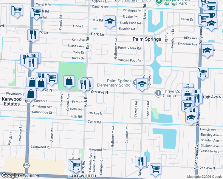 map of restaurants, bars, coffee shops, grocery stores, and more near 3751 10th Avenue North in Lake Worth