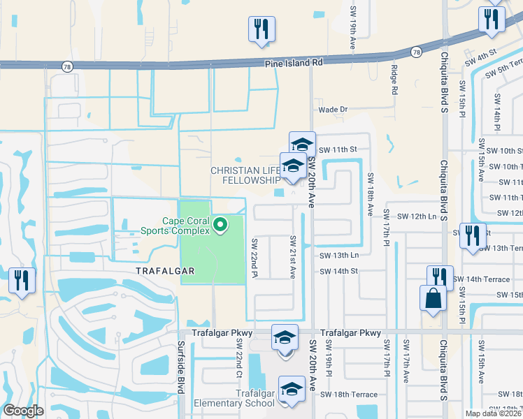 map of restaurants, bars, coffee shops, grocery stores, and more near 2206 Southwest 12th Terrace in Cape Coral