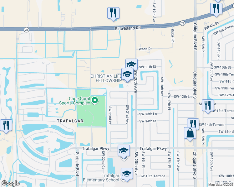 map of restaurants, bars, coffee shops, grocery stores, and more near 2206 Southwest 12th Terrace in Cape Coral