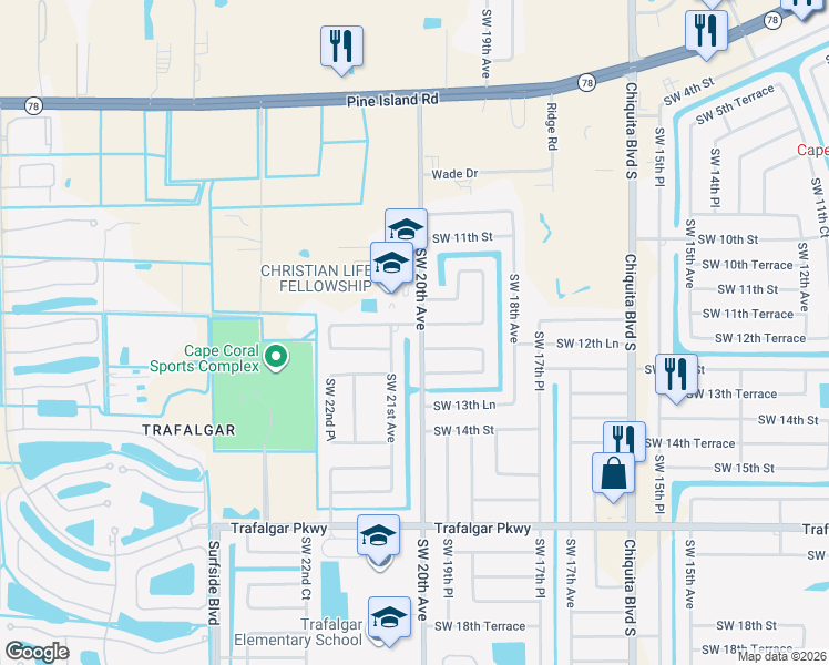 map of restaurants, bars, coffee shops, grocery stores, and more near 1206 Southwest 20th Avenue in Cape Coral