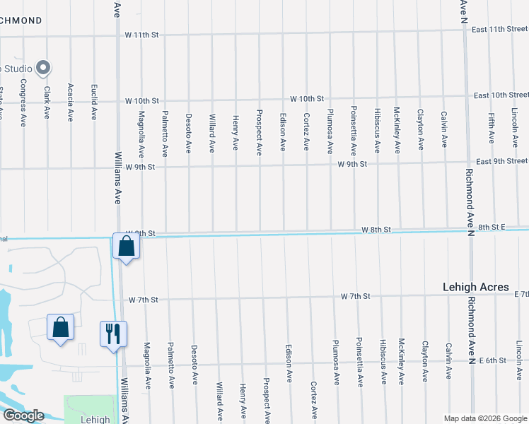 map of restaurants, bars, coffee shops, grocery stores, and more near 806 Prospect Avenue in Lehigh Acres