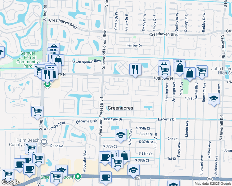 map of restaurants, bars, coffee shops, grocery stores, and more near 25 South Dorchester Drive in Greenacres