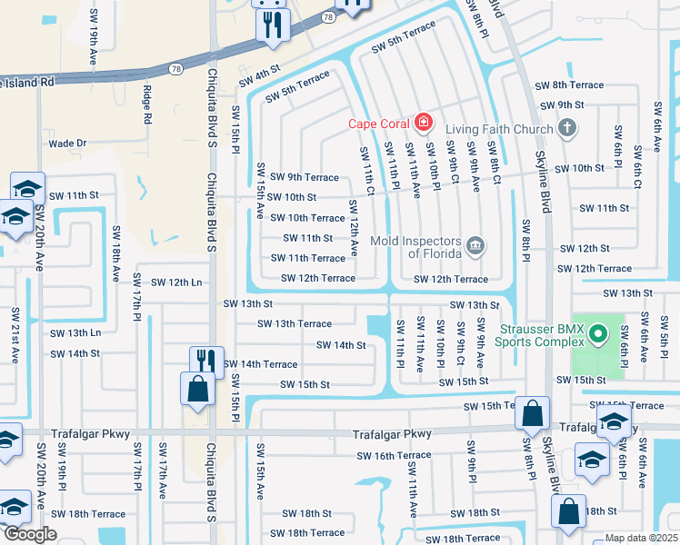 map of restaurants, bars, coffee shops, grocery stores, and more near 1203 Southwest 12th Terrace in Cape Coral
