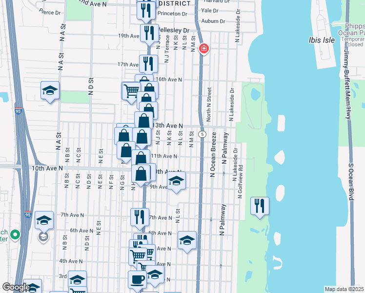 map of restaurants, bars, coffee shops, grocery stores, and more near 1122 North L Street in Lake Worth