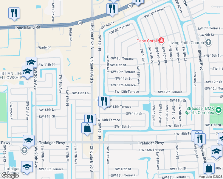 map of restaurants, bars, coffee shops, grocery stores, and more near 1421 Southwest 12th Terrace in Cape Coral