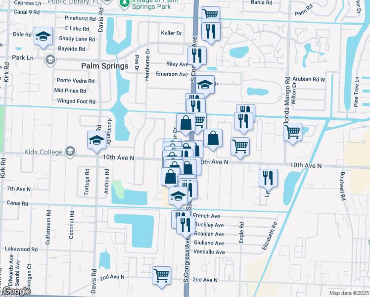 map of restaurants, bars, coffee shops, grocery stores, and more near 3175 South Congress Avenue in Palm Springs